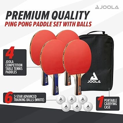 JOOLA Premium Table Tennis Set 4 Regulation Ping Pong PaddlesTraining Ping Pong Balls and Carrying Case